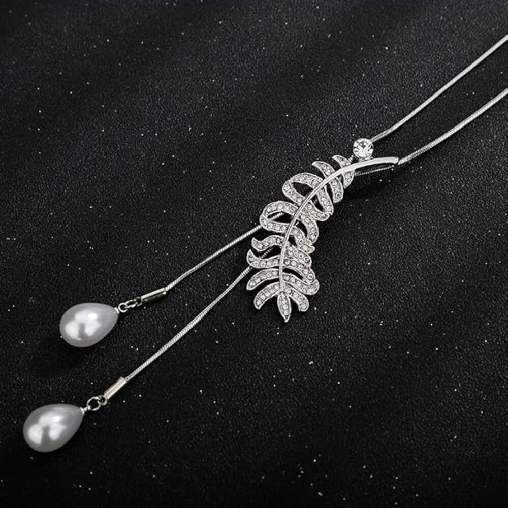 Bakod Jewelry Adjustable Crystal Rhinestone Leaf Pendant Pearl Long Necklace